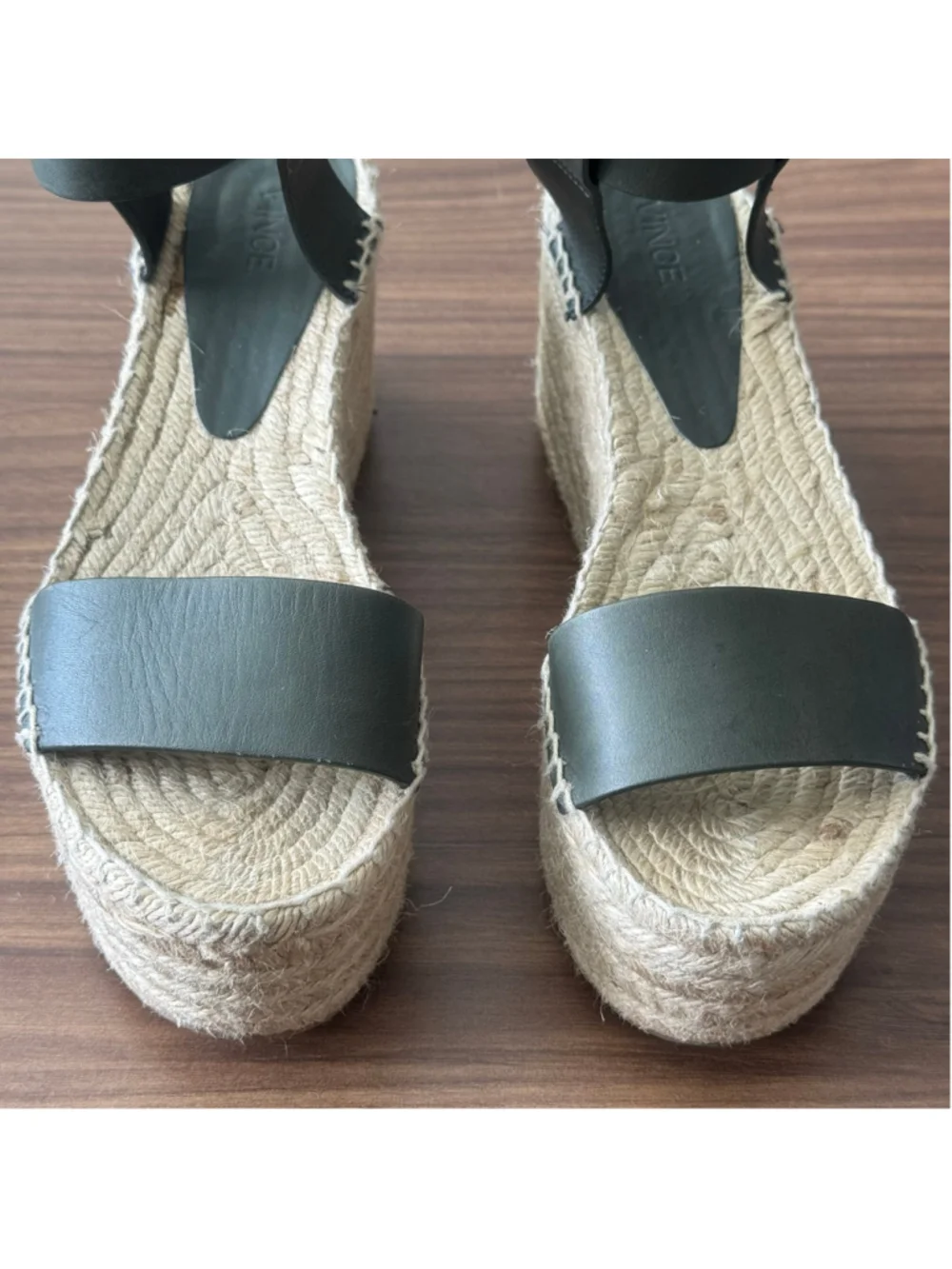 VINCE Abby Green Leather Espadrille Platform Wedge Sandals Ankle Strap Size 7